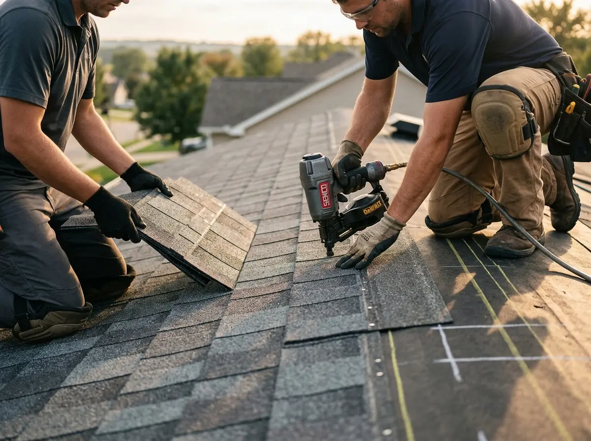 Professional roofer working on a residential roof in Mentor-on-the-Lake